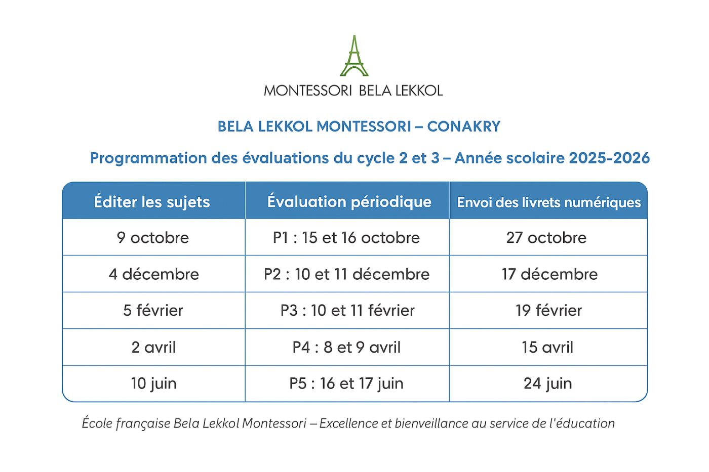 Calendrier des évaluations 2025-2026